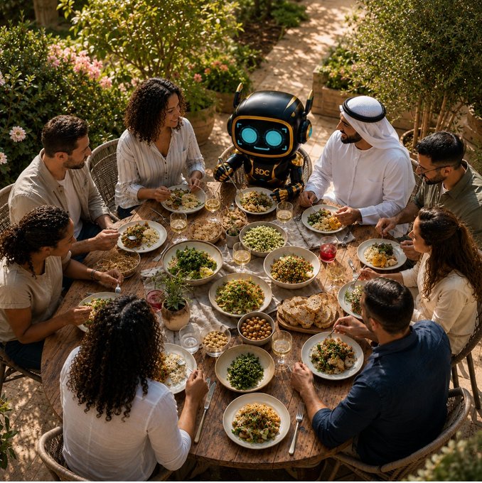 AI-generated image of diverse people sharing a meal around a wooden table in a garden, with a black and gold robot labeled 'SDC' seated among them.
