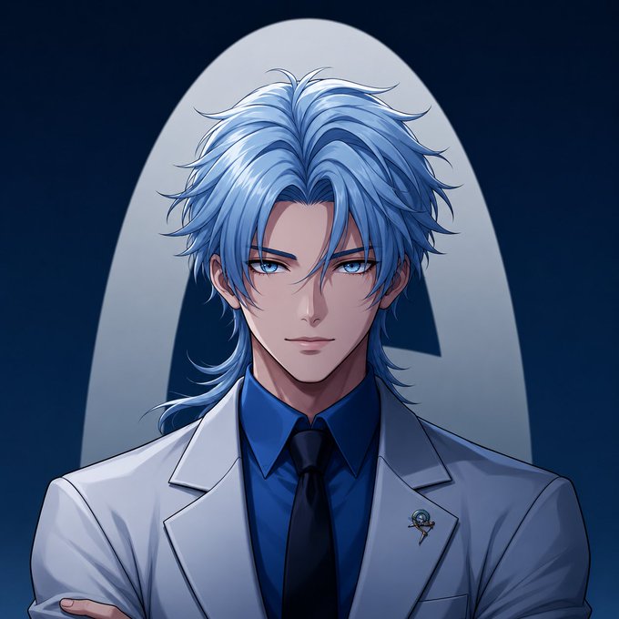 An anime-style illustration shows a silver-haired man with piercing blue eyes wearing a white lab coat, blue shirt, and dark tie, with arms crossed confidently in front of a glowing circular emblem. The image's icy-haired, stoic character fits the "Arc szn" theme perfectly—suggesting the personality type known as "Arc," which is typically characterized by being cool, composed, and reserved.