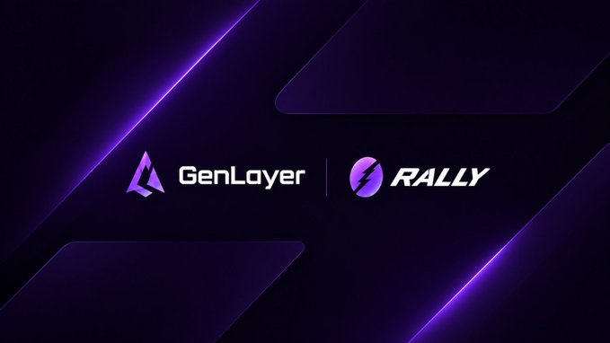 The image features a dark purple background with glowing geometric accents, displaying the logos and names "GenLayer" and "RALLY" side by side, suggesting a partnership or collaboration announcement between the two blockchain projects. This visual likely accompanies a post about making blockchain participation more accessible to non-developers, as GenLayer's intelligent contract platform aims to democratize smart contract creation for community managers and other non-coding contributors in the DeFi space.