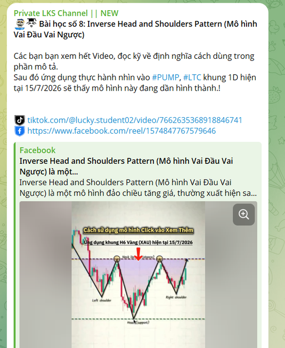 The image shows a Telegram post from "Private LKS Channel" discussing an Inverse Head and Shoulders pattern lesson, referencing tickers #PUMP and #LTC on the 15/7/2026 1D timeframe. It includes a chart diagram illustrating the pattern's formation with labeled points (Left shoulder, Neck resistance, Head/Support, Right shoulder), directly supporting the post's advice to study this pattern to identify potential temporary pauses in BTC's upward momentum.