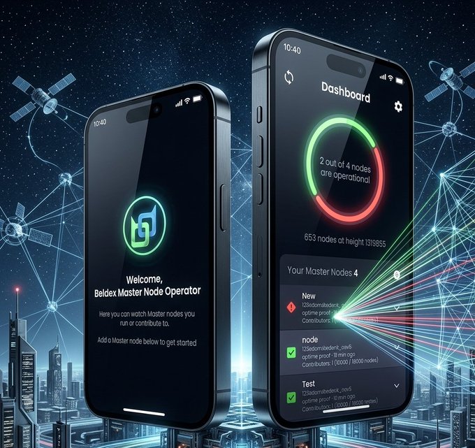 Two smartphones showcase a 'Beldex Master Node Operator' dashboard app against a backdrop of satellites and glowing network lines; one screen welcomes the user while the other displays a status ring indicating '2 out of 4 nodes are operational'.