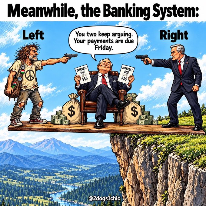 A political cartoon captioned 'Meanwhile, the Banking System:' showing a banker sitting on a cliff with bags of money between a hippie figure labeled 'Left' and a politician labeled 'Right' pointing guns at each other.