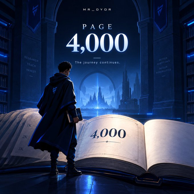 An illustration of a figure in a dark coat standing before an open book displaying '4,000', with the username MR_DYOR and the text 'The journey continues.'