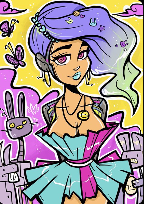 A vibrant anime-style illustration of a female character with flowing purple-to-green hair, butterfly accessories, and a teal dress, surrounded by bunny-eared robotic creatures.