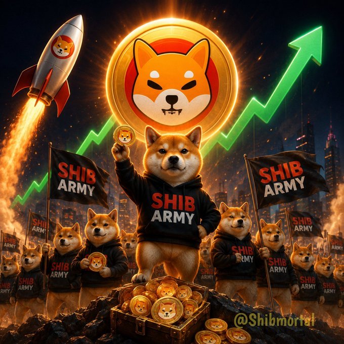 A Shiba Inu dog wearing a "SHIB ARMY" hoodie stands atop a treasure chest of golden coins, holding one aloft while surrounded by fellow Shiba Inu soldiers waving "SHIB ARMY" flags beneath a rocket, an upward green chart arrow, and the Shiba Inu coin emblem—visually rallying the community's DCA challenge to accumulate SHIB and outpace large holders. Text reads "SHIB ARMY" on flags and hoodies, with "@Shibmortal" watermarked in the corner.