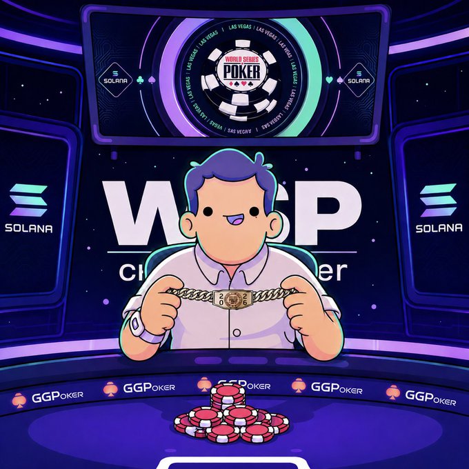 A cartoon-style illustration shows a poker player holding two community cards (a 2 and a 6) at a table with stacks of chips in front of him, with a large screen behind displaying "WORLD SERIES POKER" and "LAS VEGAS" branding, flanked by Solana logos, promoting the World Series of Poker collaboration with the Solana crypto brand.