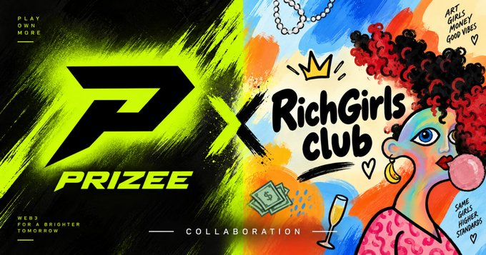 A collaboration banner between 'PRIZEE' and 'RichGirls Club' featuring colorful artwork of a woman with red curly hair, with text reading 'PLAY OWN MORE' and 'COLLABORATION'.
