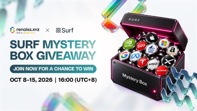 A giveaway promotion image by renaiss.xyz and Surf announcing a "Surf Mystery Box Giveaway" running from October 8-15, 2026 at 16:00 (UTC+8), featuring an open black mystery box filled with tech company logos (NVIDIA, Apple, Google, Microsoft, Amazon, Meta, AMD, Qualcomm, etc.) and labeled "Mystery Box," which illustrates the post's description of 7 tokenized stock rewards valued between $163-$5,880 along with 20 Surf Pro trial subscriptions.