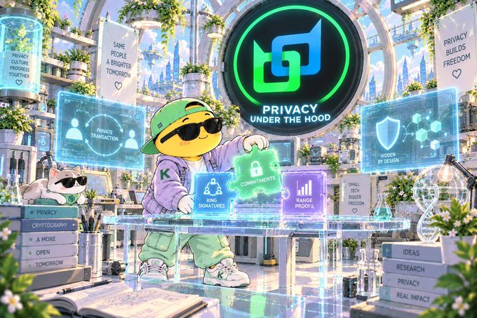 A colorful digital illustration features an anthropomorphic duck character in a cap and sunglasses surrounded by holographic screens displaying text like 'PRIVACY UNDER THE HOOD', 'RING SIGNATURES', 'RANGE PROOFS', and 'HIDDEN BY DESIGN'.