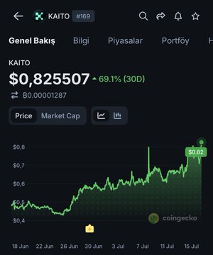 Cryptocurrency tracking app displaying KAITO (#169) at $0.825507, showing a 69.1% gain over 30 days on a price chart from CoinGecko.