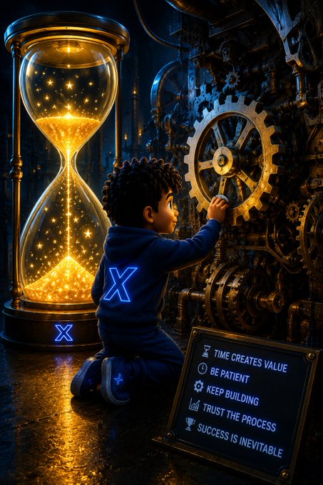 A child kneels beside a glowing hourglass filled with golden sparks, turning large brass gears in a steampunk-inspired workshop, with a sign displaying the mantras "TIME CREATES VALUE," "BE PATIENT," "KEEP BUILDING," "TRUST THE PROCESS," and "SUCCESS IS INEVITABLE."

The image visually echoes the post's message of patience and persistence, showing that like the mechanical gears and slowly draining hourglass, meaningful progress requires time, steady effort, and trust in the process.