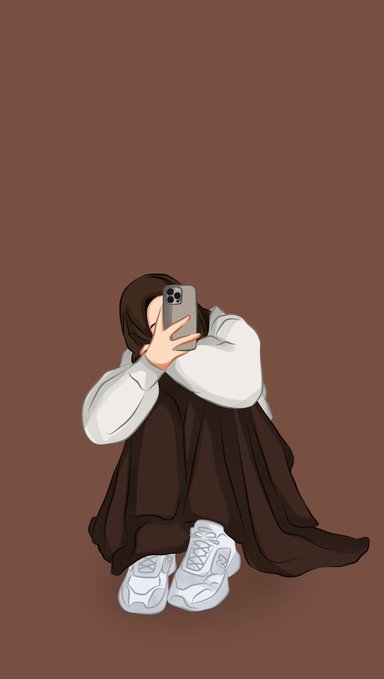 A digital illustration depicts a person in a white shirt and brown skirt taking a mirror selfie with chunky white sneakers against a solid brown background.