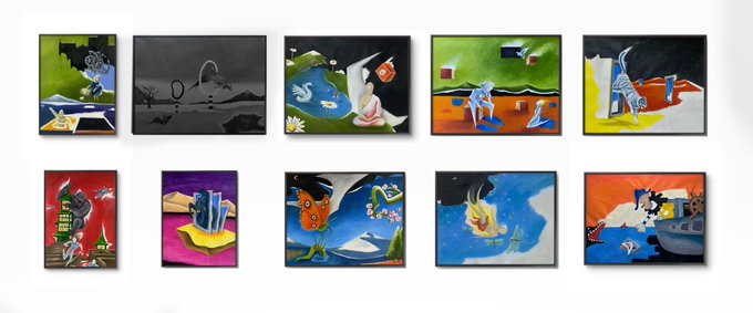 A collection of ten small framed abstract and surreal paintings displayed in two rows, featuring various colorful scenes with figures, landscapes, and dreamlike imagery.