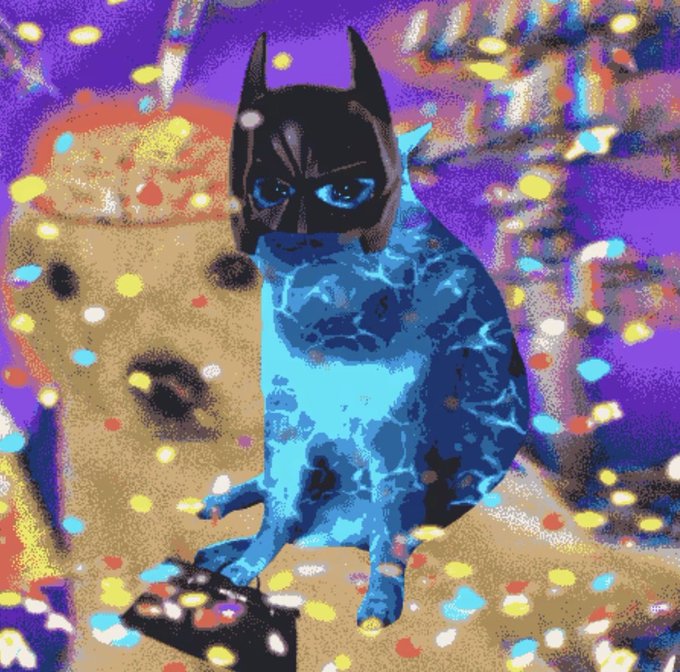 A colorful, stylized digital illustration of a blue cat with a black Batman-style mask, surrounded by confetti against a purple background.