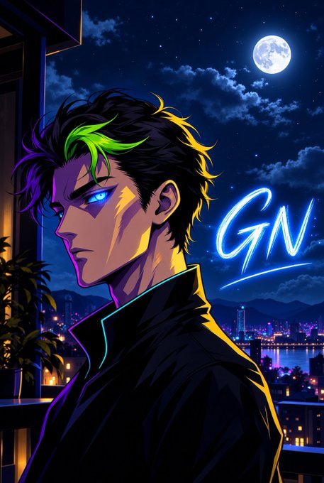 An anime-style illustration shows a young man with black and green hair and blue eyes against a night cityscape, with the text 'GN' in glowing blue neon.