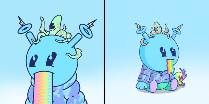 Two illustrations of a blue cartoon character with a green octopus-like creature on its head, electrical bolts, and a rainbow stream emanating from its mouth.