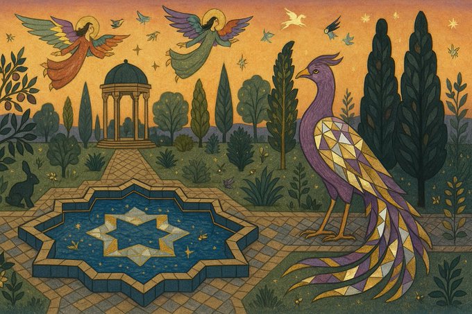 An ornate illustration depicting a purple peacock with golden tail feathers in a lush garden, accompanied by angels flying overhead and a star-patterned pool in the foreground.