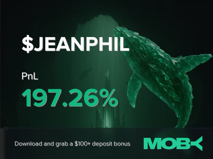 A promotional graphic for MOBX features a green shark underwater with text '$JEANPHIL', '197.26%', 'PnL', and 'Download and grab a $100+ deposit bonus'.