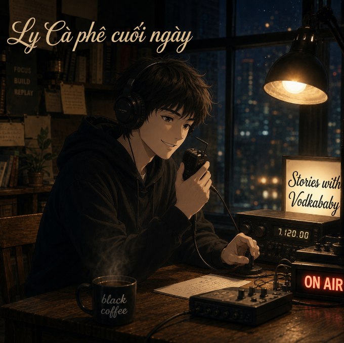 Anime-style illustration of a young man with headphones broadcasting a radio show titled 'Stories with Vodkababy' with 'ON AIR' lit, holding a microphone, with Vietnamese text 'Ly Cà phê cuối ngày' and a steaming 'black coffee' mug on the desk.