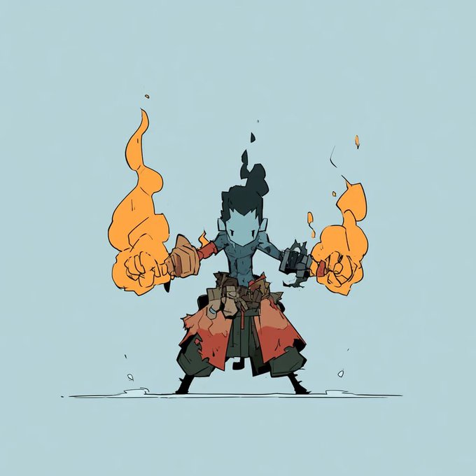 A stylized cartoon illustration of a blue-skinned, flame-wielding character with two flaming fists, wearing tattered clothing against a light blue background.