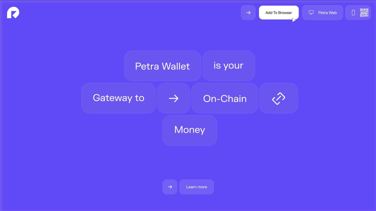 A purple webpage for Petra Wallet displaying the text 'Petra Wallet is your Gateway to On-Chain Money' with navigation options including 'Add To Browser' and 'Learn more'.