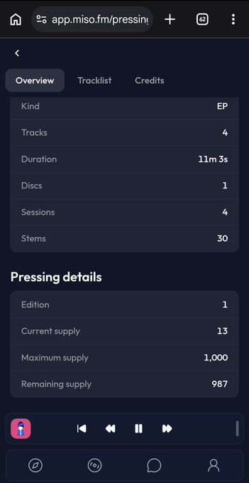 A mobile screenshot of app.miso.fm showing pressing details for a 4-track, 11m 3s EP with 1,000 maximum supply and 987 remaining.
