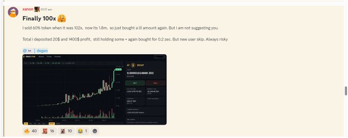 A social media post by user 'xamon' celebrating 'Finally 100x' after selling 60% of a token when it was 102x and buying ill amount again, with a crypto chart showing price reaching 0.0000514986 ZEC.