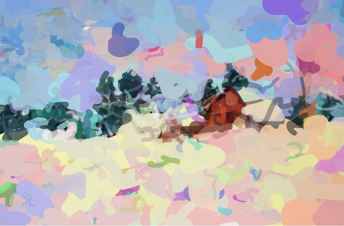 An abstract, painterly digital artwork with soft, blurred brushstrokes depicting a landscape scene with dark trees in the center, a light pink/peach foreground, and pastel blue and pink clouds in the sky.