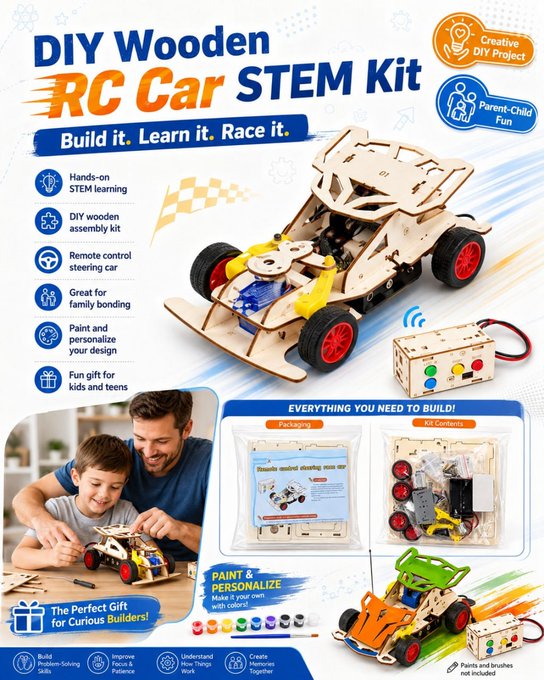 A promotional image for a "DIY Wooden RC Car STEM Kit," highlighting features like hands-on STEM learning, remote control steering, and family bonding, with the tagline "Build it. Learn it. Race it." The ad shows a wooden RC car, a colorful painted version, a remote control, kit components, and a parent and child building the car together, tying into the post's message about giving kids a fun, educational project available at cryptocornershop.com.