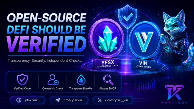 A promotional graphic for Kryptoon/YFSX stating "Open-Source DeFi Should Be Verified," featuring YFSX Governance Token and VIN Utility Token logos alongside an anthropomorphic fox character.