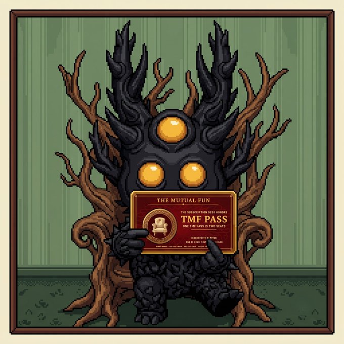 A pixel-art illustration depicts a dark, three-eyed shadowy creature with antler-like protrusions sitting on a throne of twisted roots, proudly holding up a "TMF PASS" card from "The Mutual Fun" subscription service, humorously embodying the post's call for active engagement (80% clicking, 20% bag working) to earn the prestigious pass.