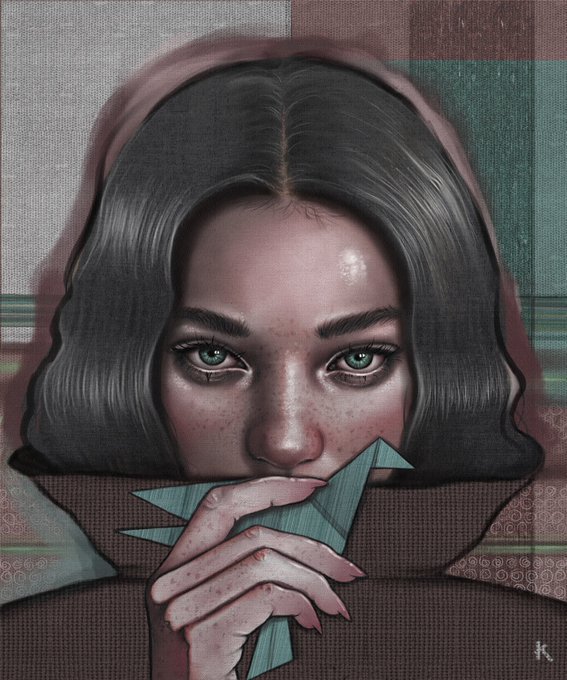 A digital illustration of a young woman with striking green eyes and dark bobbed hair, partially concealing her mouth with a teal origami crane, signed with a small 'K' in the corner.