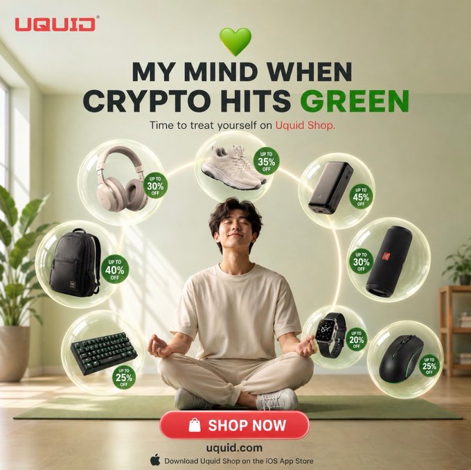 An advertisement for UQUID Shop featuring a man meditating in lotus pose surrounded by bubble icons displaying discounted products like headphones, shoes, a power bank, backpack, speaker, keyboard, watch, and mouse, with the headline 'MY MIND WHEN CRYPTO HITS GREEN' and a 'SHOP NOW' button.