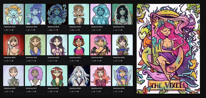 A grid of 15 NFT character portraits with labels like "MetaUser #282" and prices in ETH, alongside a larger artwork titled "THE VIXEN".