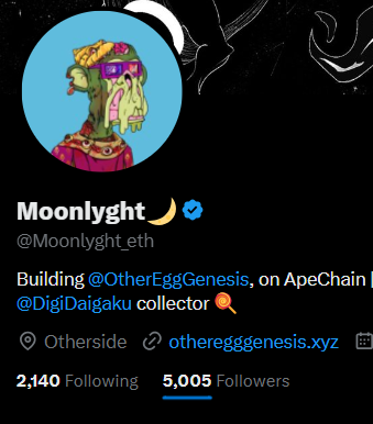 A Twitter profile page for 'Moonlyght' (@Moonlyght_eth) featuring a cartoon avatar, with the bio reading 'Building @OtherEggGenesis, on ApeChain @DigiDaigaku collector' located in Otherside.