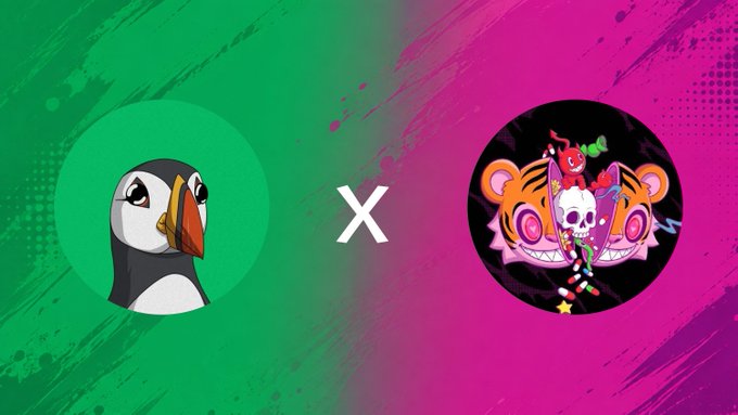 A collaboration graphic showing a puffin avatar on a green background next to an "X" and a skull-themed cartoon avatar on a pink background.