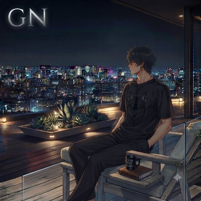 Anime-style illustration of a young man in a black wolf t-shirt sitting on a rooftop balcony at night, looking out over a city skyline; the letters 'GN' appear in the top left corner.