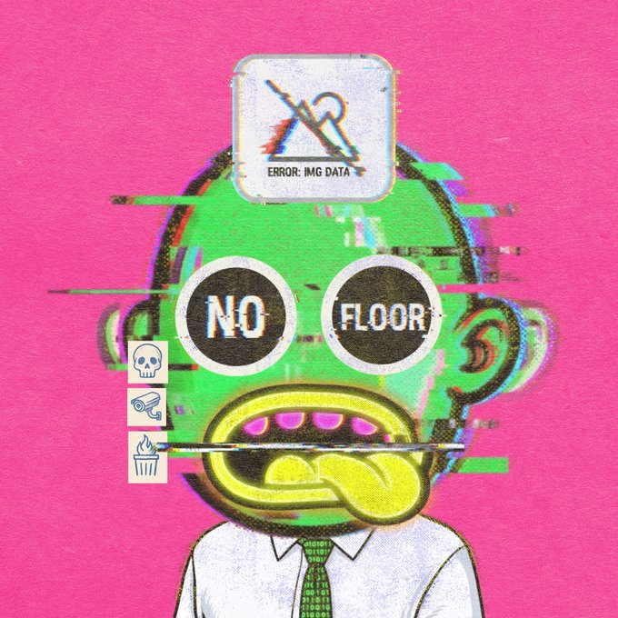 A glitchy, green cartoon figure with a yellow tongue sticking out displays the text "NO FLOOR" in its round glasses, alongside an "ERROR: IMG DATA" icon, skull, scissors, and fire symbols on a pink background—visually referencing the low-floor NFT collection "wearejpegfrens" mentioned in the post.