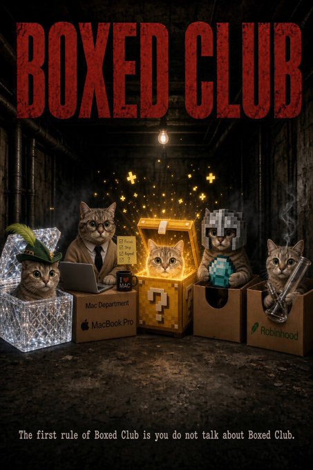 A parody movie poster titled 'BOXED CLUB' showing cats dressed in various costumes including a Robinhood character, with the tagline 'The first rule of Boxed Club is you do not talk about Boxed Club.'