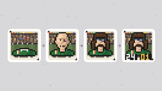 Four pixel-art portraits progress from left to right, connected by arrows, showing an image reveal sequence that begins with an obscured figure wearing an Irish flag jersey, transitions through face reveals with growing hair detail, and culminates in a final portrait featuring a digital clock reading "24:01". The sequence illustrates a step-by-step trait reveal mechanism, reinforcing the post's message that NFT traits are unveiled progressively after minting rather than being influenced by trading activity.