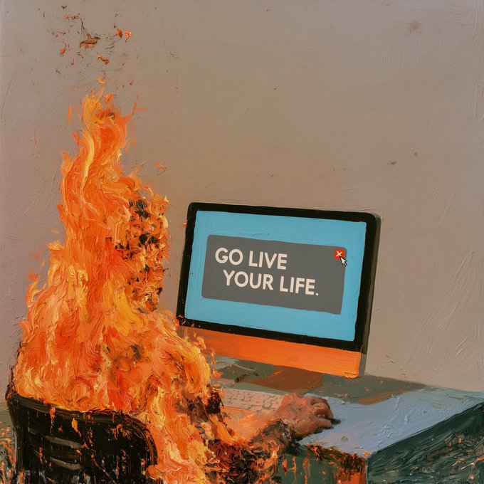 A painting-style image showing a person on fire at a computer, with a laptop screen displaying the text 'GO LIVE YOUR LIFE.' with a cursor icon.