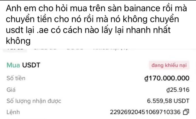 The image shows a Binance P2P order receipt where a user purchased 6,559.58 USDT for 170,000,000 VND at a price of 25,916, with order ID 22926920451069710336 marked as "đang khiếu nại" (under dispute), accompanied by a Vietnamese message asking for the fastest way to recover the funds after transferring money for a Binance P2P purchase where the seller failed to release the USDT.