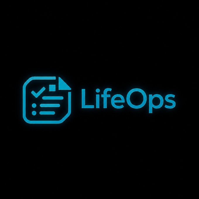 A minimalist black-background logo for "LifeOps" featuring a glowing cyan document icon with a checkmark and bullet points next to the brand name in matching neon blue.