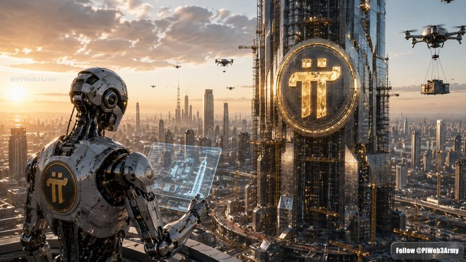 Futuristic AI-themed artwork showing a white robot with a Pi cryptocurrency logo on its chest operating a holographic interface, with skyscrapers displaying a large Pi coin symbol, drones, and a sunset cityscape, watermarked 'PiWeb3Army'.