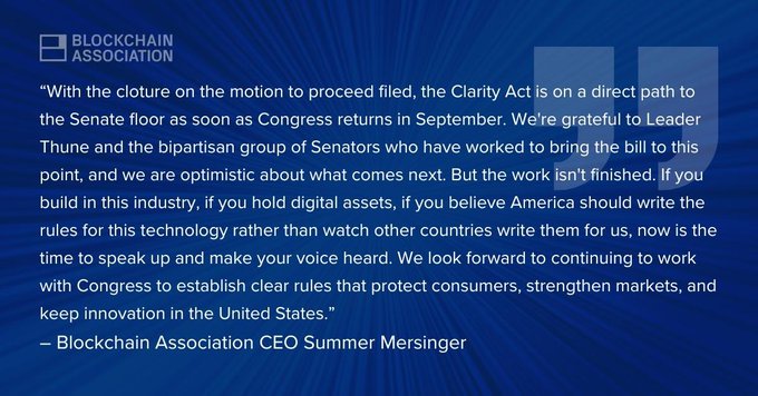 A statement from the Blockchain Association regarding the Clarity Act, attributed to CEO Summer Mersinger, expressing optimism about the bill's path to the Senate floor.