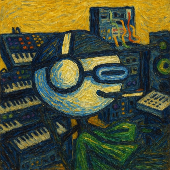A vibrant, expressionist-style painting featuring a stylized face and headphones surrounded by musical instruments like keyboards, synthesizers, and speakers, rendered in bold blues, yellows, and greens with swirling brushstrokes. The image evokes an immersive, music-focused "lock-in" vibe, matching the post's energy of deep focus and creative intensity for the week.