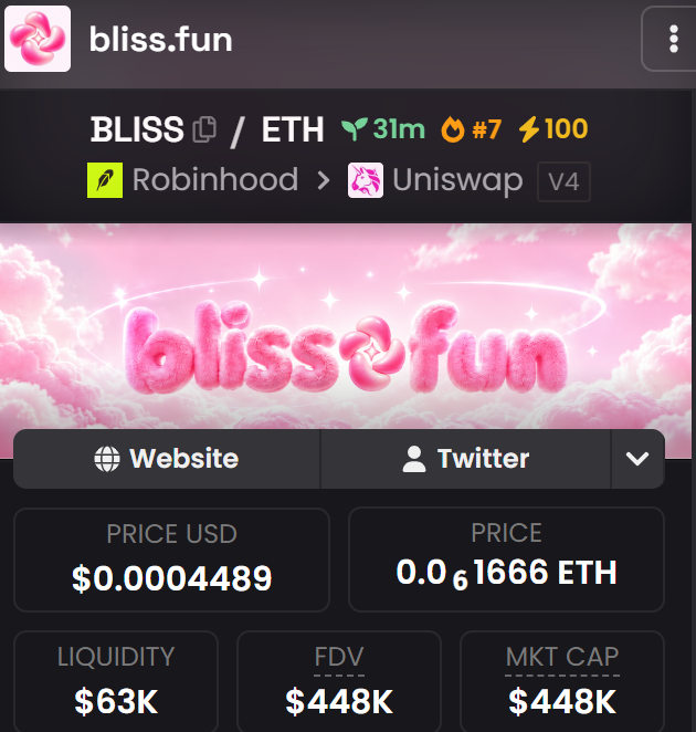 A screenshot of the "bliss.fun" token page on a crypto tracking platform displays the BLISS/ETH trading pair on Robinhood and Uniswap V4, showing a price of $0.0004489 USD (0.061666 ETH), with $63K liquidity and a $448K market cap, supporting the post's promotion of $BLISS as a new memecoin launchpad.