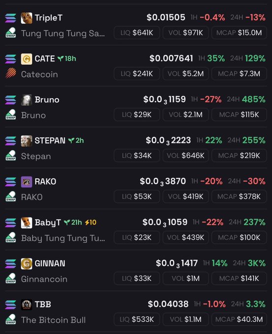 A cryptocurrency tracking dashboard displays memecoins including TripleT ($0.01505), CATE/Catecoin ($0.007641), Bruno ($0.00031159), STEPAN/Stepan ($0.00032223), RAKO ($0.00033870), BabyT ($0.00031059), GINNAN/Ginnancoin ($0.00031417), and TBB/The Bitcoin Bull ($0.04038), with their liquidity, volume, and market cap metrics. The accompanying post teases a potential 100x gainer among these listed Solana-based meme tokens, several of which show extreme 24-hour gains (Bruno +485%, STEPAN +255%, BabyT +237%) alongside small market caps under $400K that leave room for massive percentage growth.
