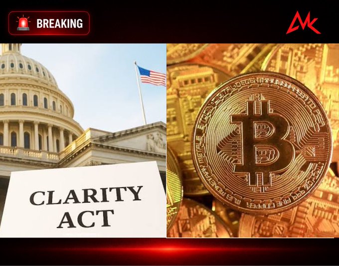 A breaking news graphic showing the U.S. Capitol building alongside a golden Bitcoin coin, with text referencing the 'CLARITY ACT'.