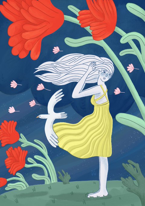 An illustration of a girl with long flowing hair in a yellow dress standing on grass, surrounded by oversized red flowers and a white bird, against a dark blue background.